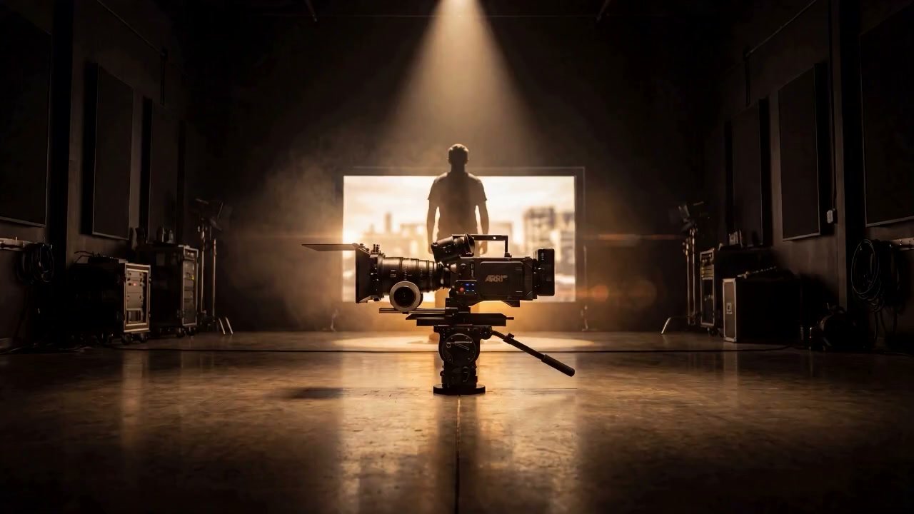 Filmset mit Kamera in warmer Studioatmosphäre